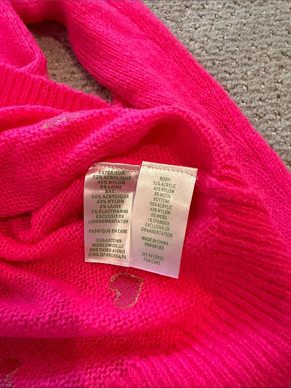 Lilly Pulitzer Hot Pink V-Neck Sweater with Gold Heart Accents